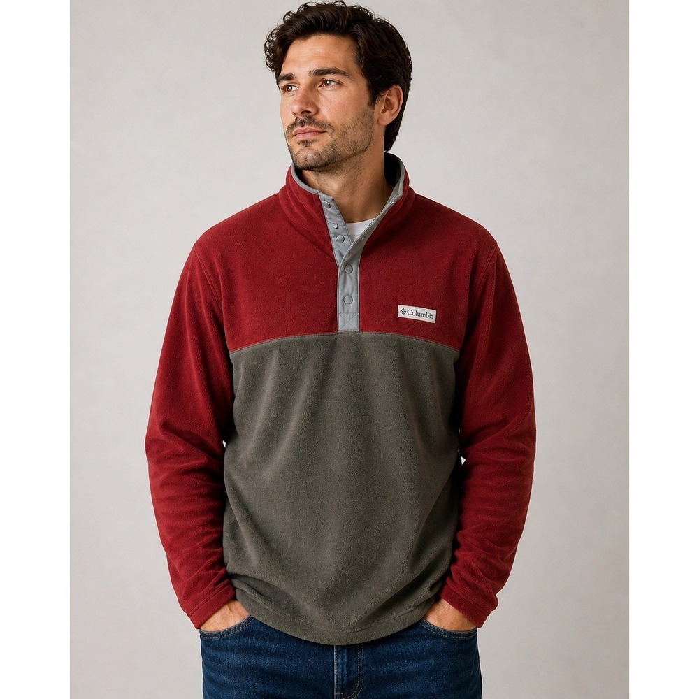 Columbia Steens Mountain Men's XL Fleece Pullover Half Snap Red Gray Colorblock